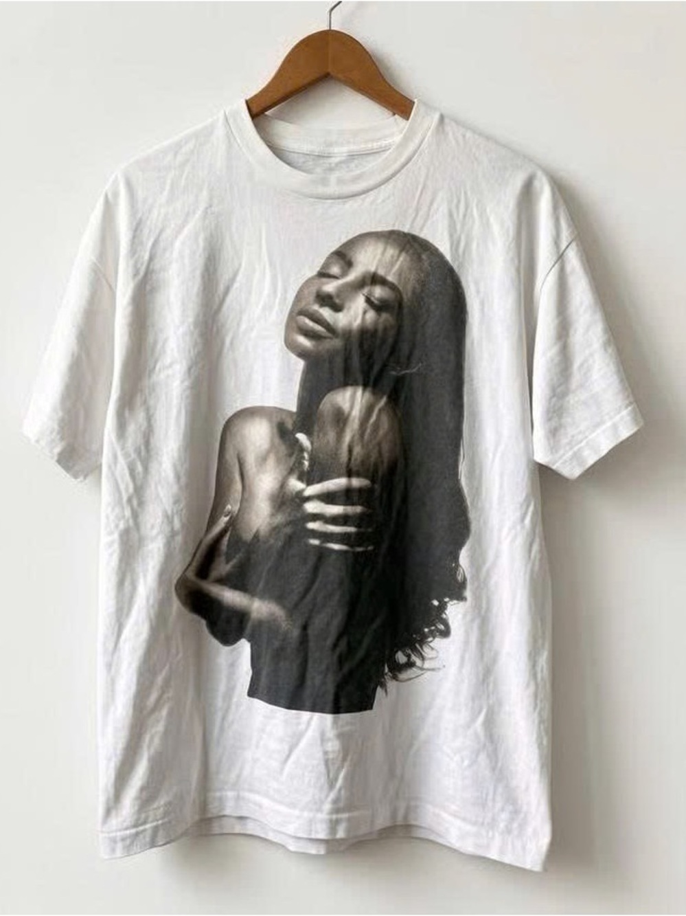 White Graphic Women’s Hair T-Shirt with Black Photo Print